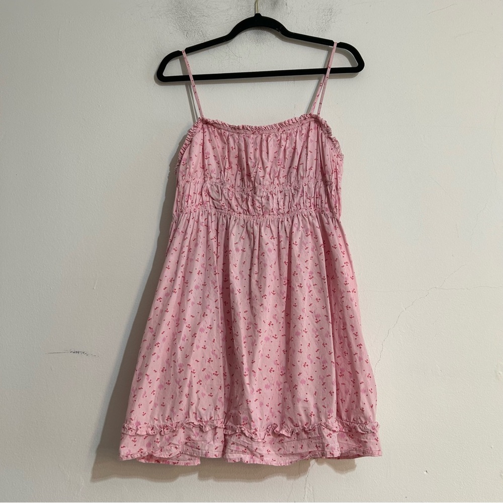 Free People Cherry Print Pink Gabby Babydoll Mini Dress Coquette Cottage Boho